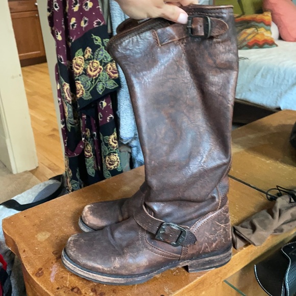 Frye Shoes - Frye Brown Leather Mid-Calf Combat Moto Boots
